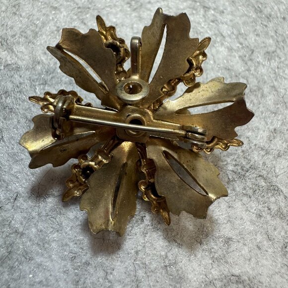 Vintage Gold-Tone Rhinestone Snowflake Brooch Pin With Blue & Clear Crystals - Picture 3 of 5